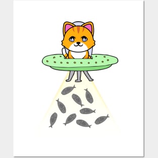 Funny orange Cat is flying a spaceship Posters and Art